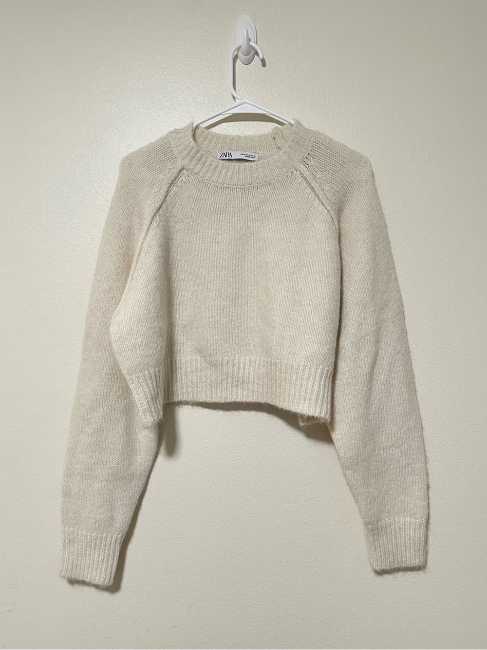 Zara Wool Blend Cream Cropped Crewneck Sweater